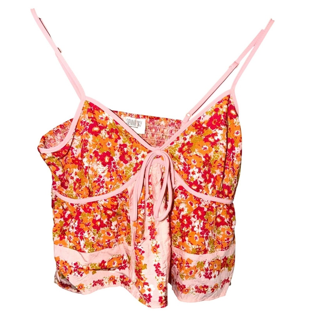 Sienna Sky Babydoll Crop Top L Floral Tie Front Smock Back Coquette Fairycore